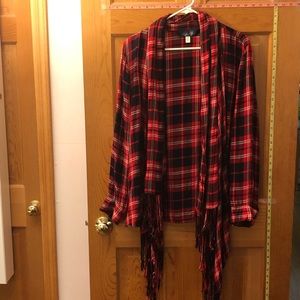 Plaid open front top with long fringe front